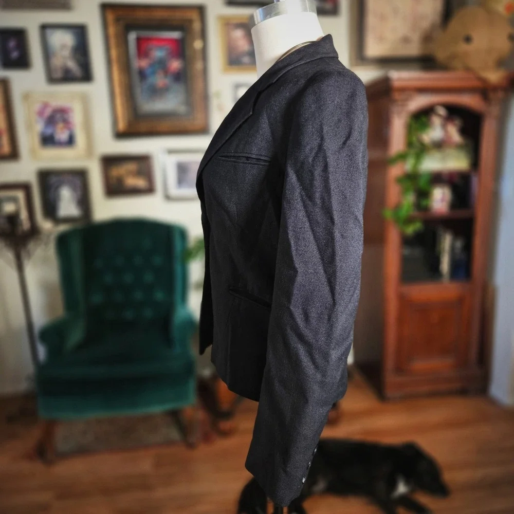 Vintage 70s Handmacher Womens Blazer Charcoal Gray Two Button Career Jacket Suit
